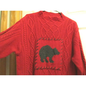 Coldwater Creek XL Dark Red Mock Neck Sweater Charcoal Bear Design Cable Knit